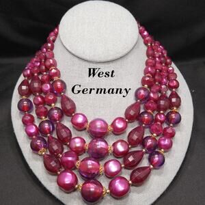 West Germany Thermoset Red Beaded Necklace 4 Strand 1950s Vintage Jewelry